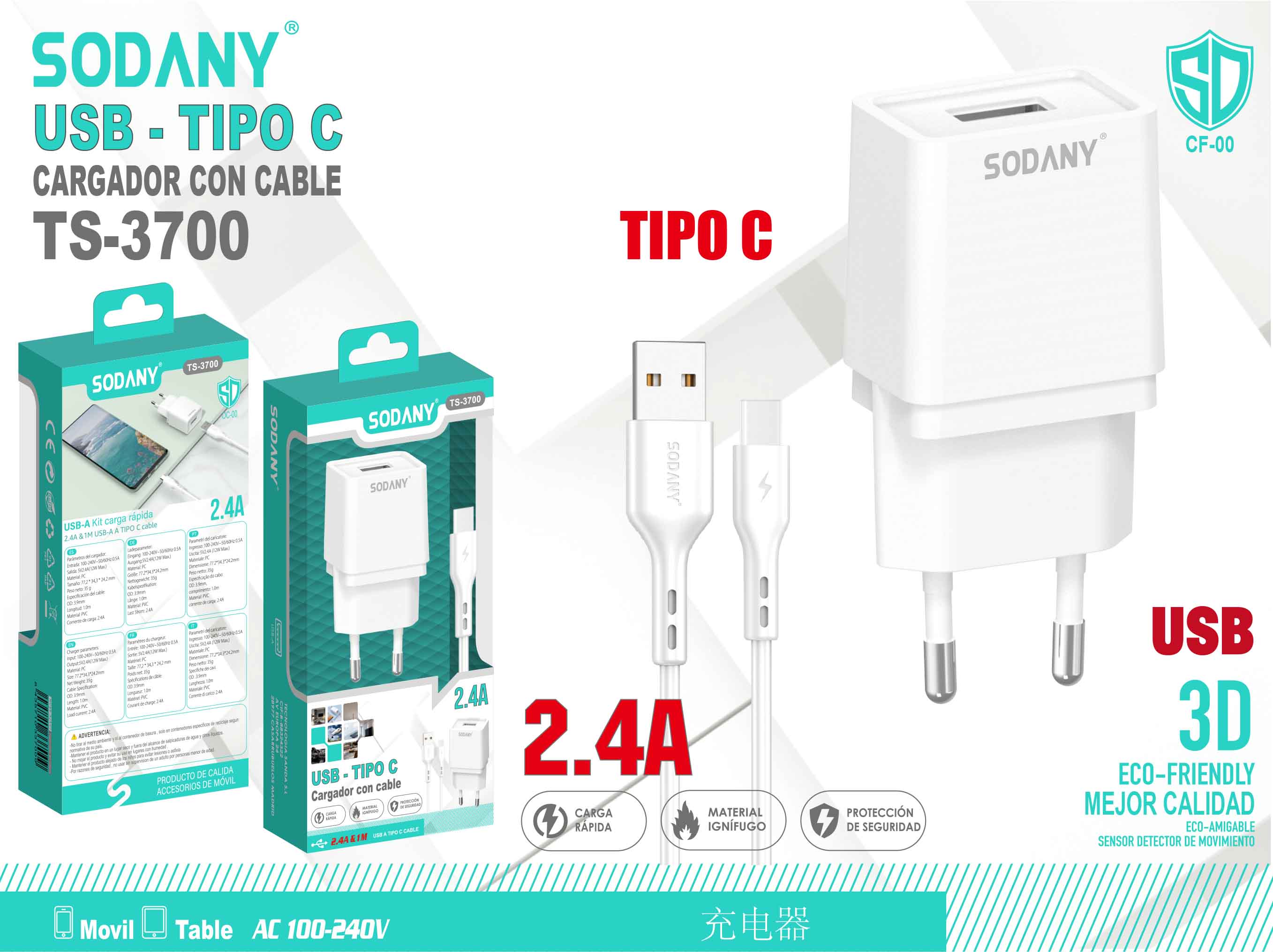 Cargador USB a Tipo C con Cable de 2.4A