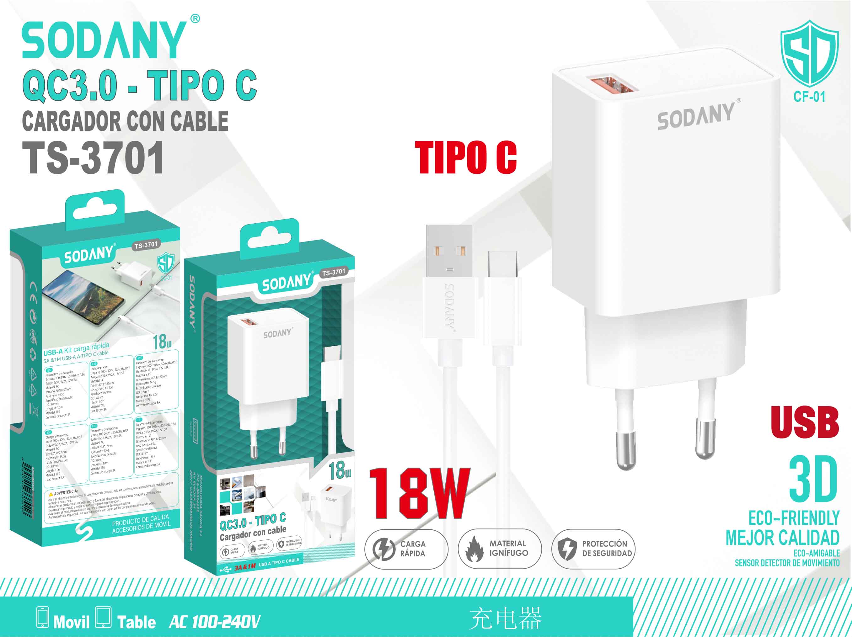 Cargador QC3.0 USB a Tipo C con Cable de 18W