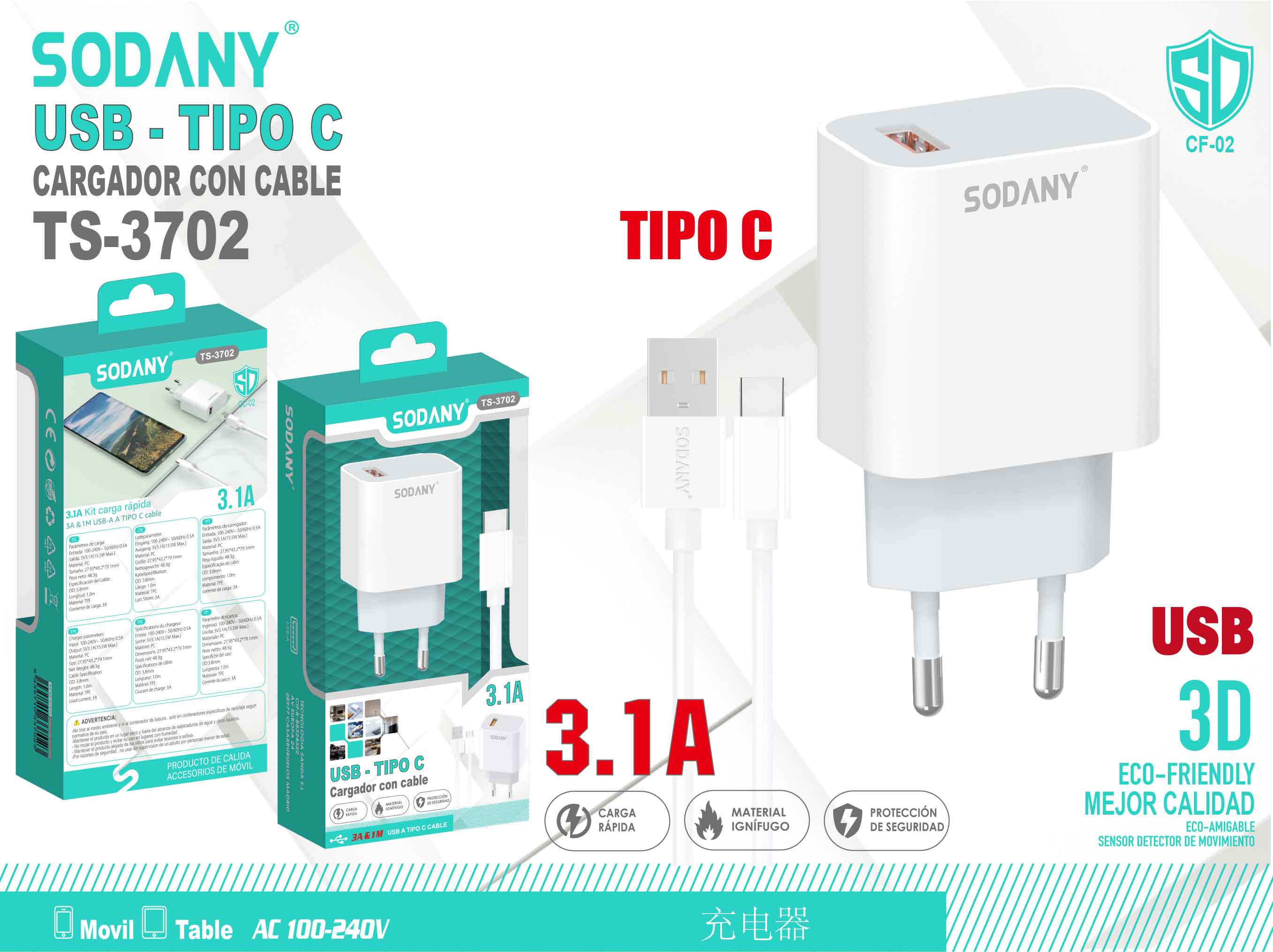 Cargador USB a Tipo C con Cable de 3.1A