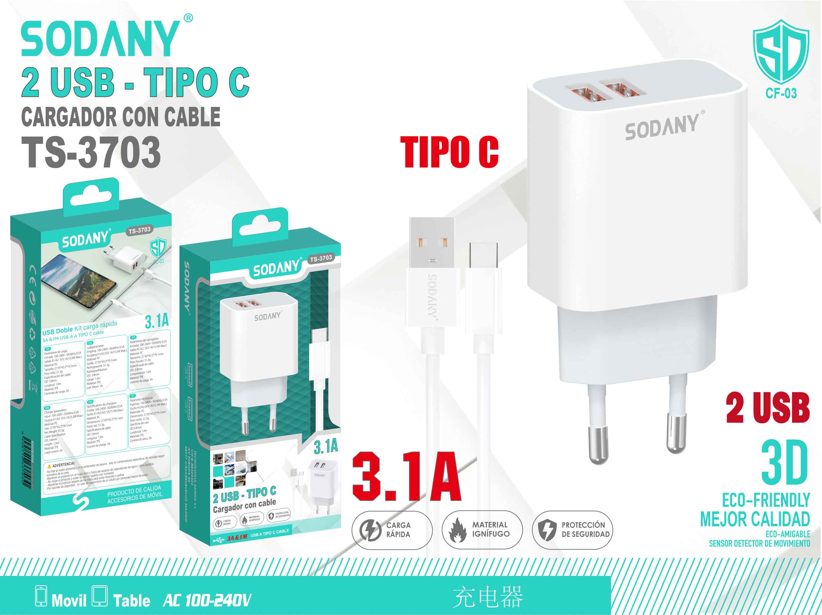 Cargador Dual USB a Tipo C con Cable de 3.1A