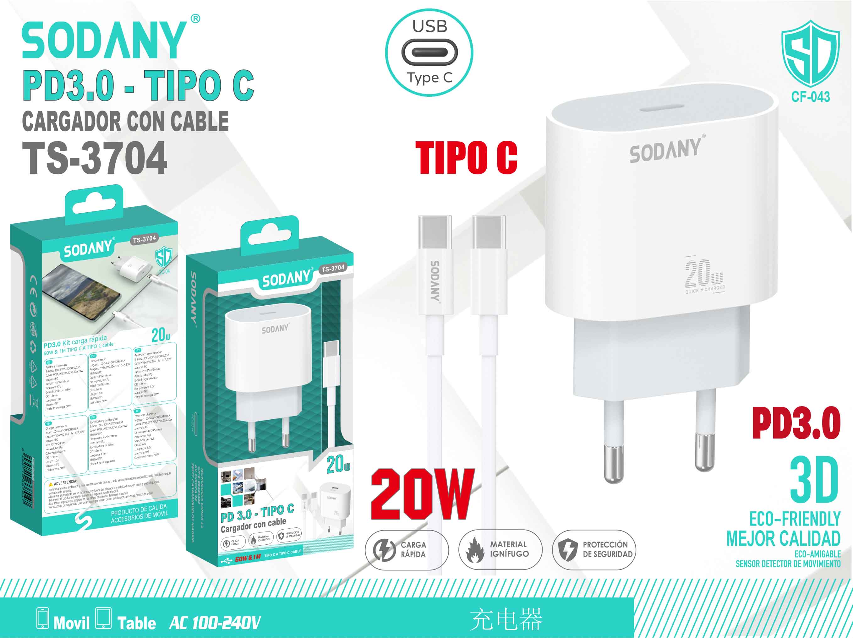 Cargador PD3.0 Tipo C con Cable de 20W