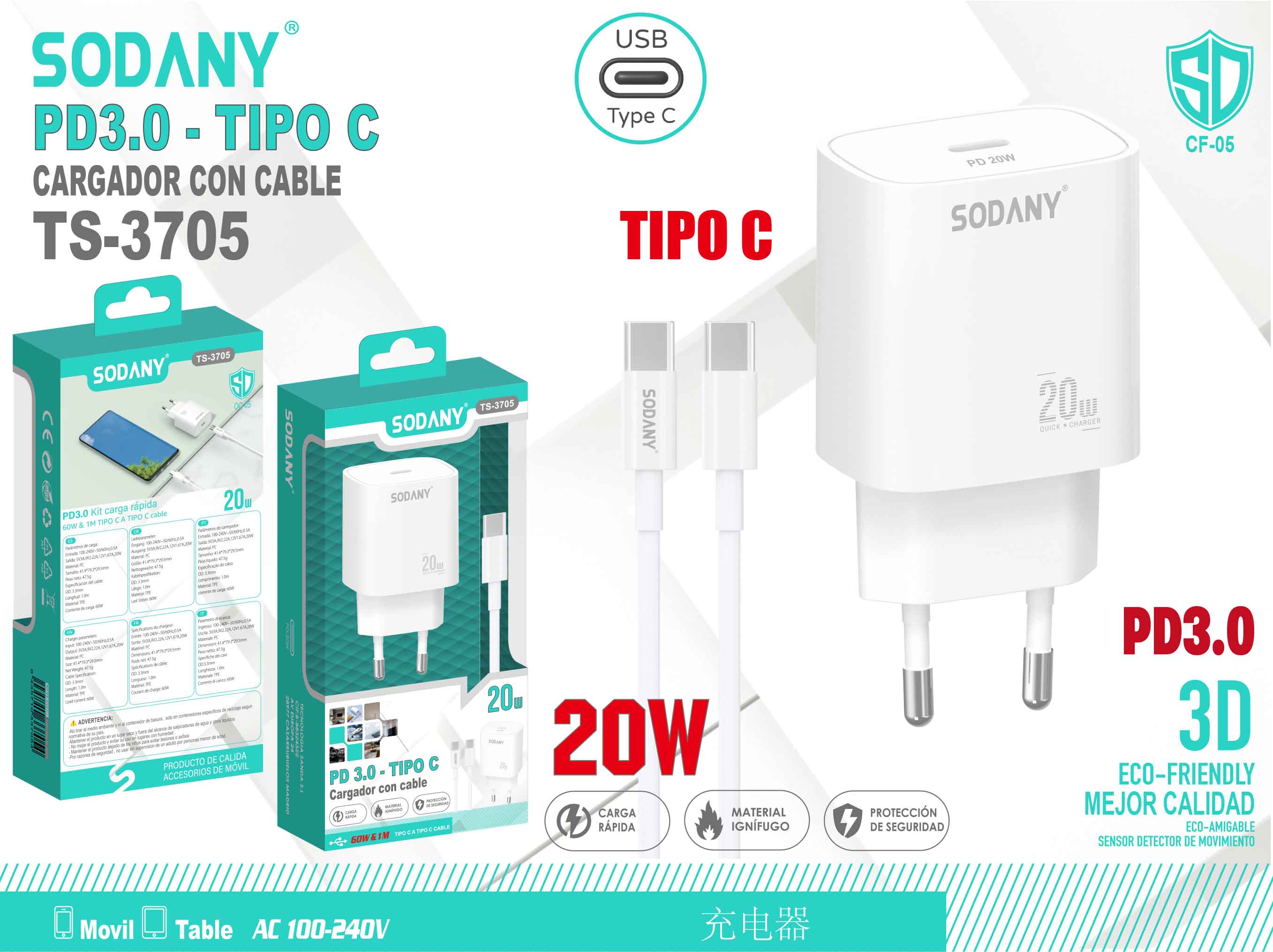 Cargador PD3.0 Tipo C con Cable de 20W