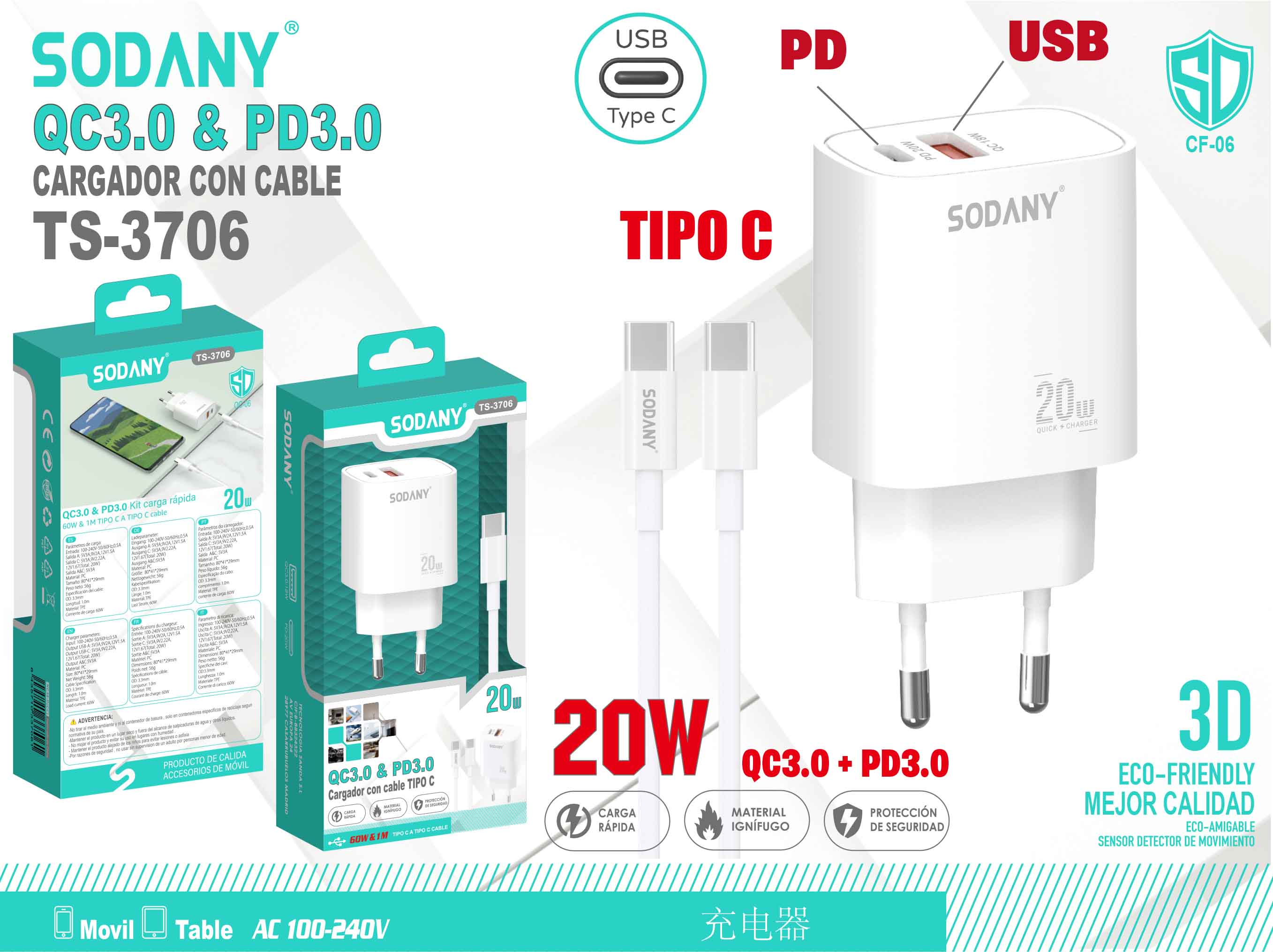 Cargador QC3.0 y PD3.0 con Puertos USB y Tipo C, Cable Tipo C de 20W