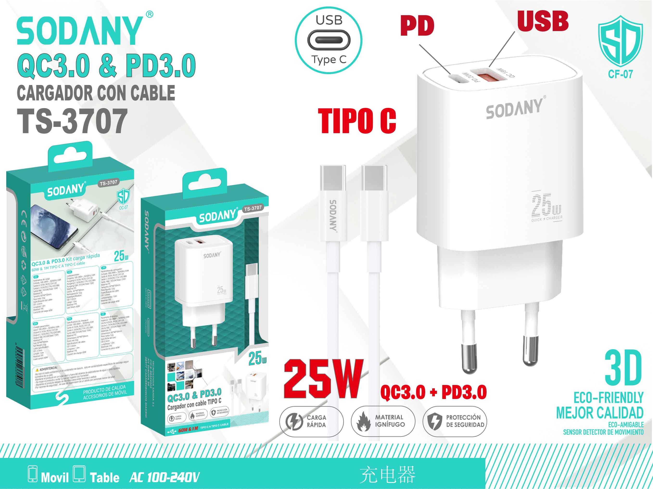 Cargador QC3.0 y PD3.0 con Puertos USB y Tipo C, Cable Tipo C de 25W