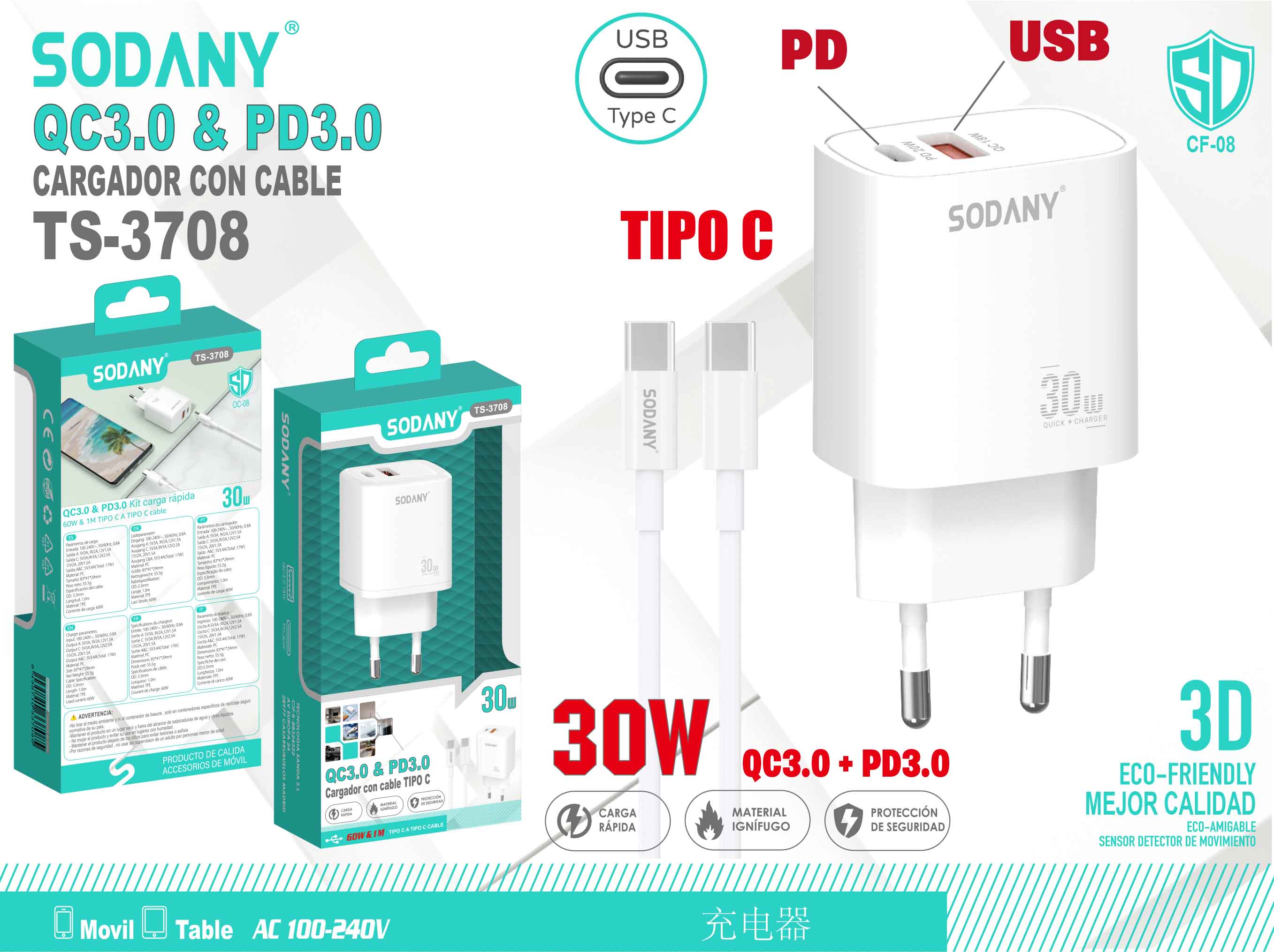 Cargador QC3.0 y PD3.0 con Puertos USB y Tipo C, Cable Tipo C de 30W