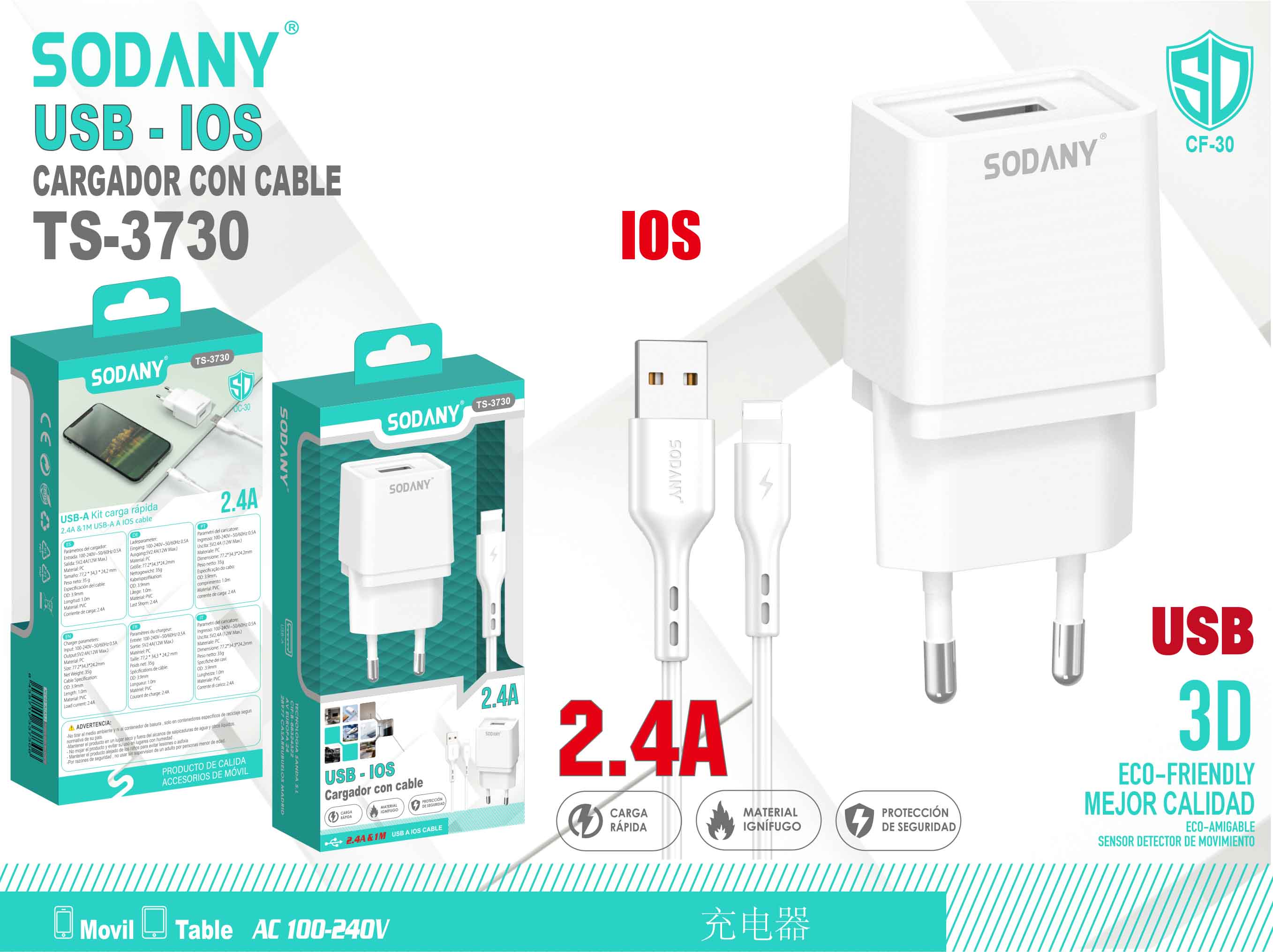 Cargador USB para iOS con Cable de 2.4A