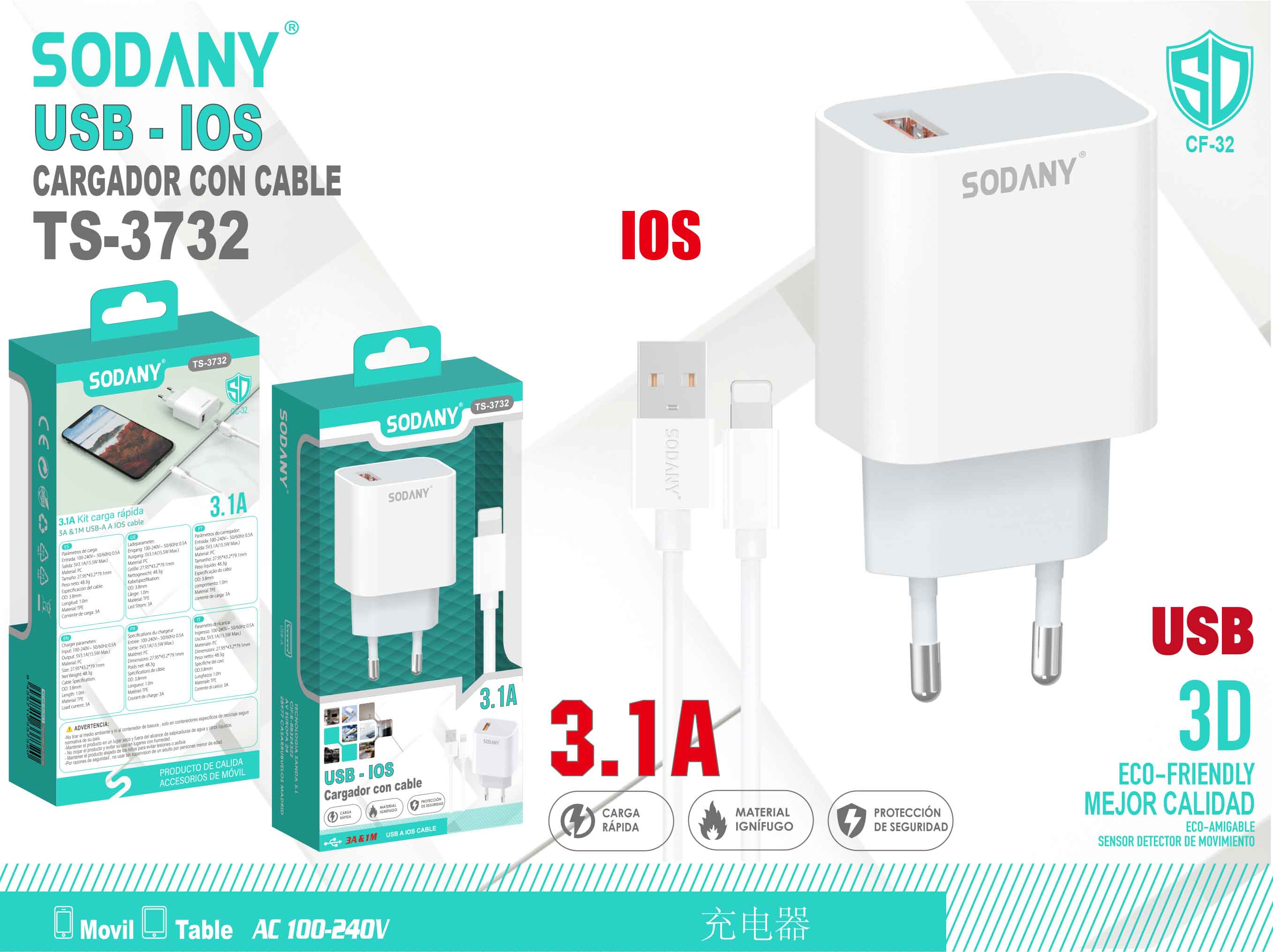 Cargador USB para iOS con Cable de 3.1A