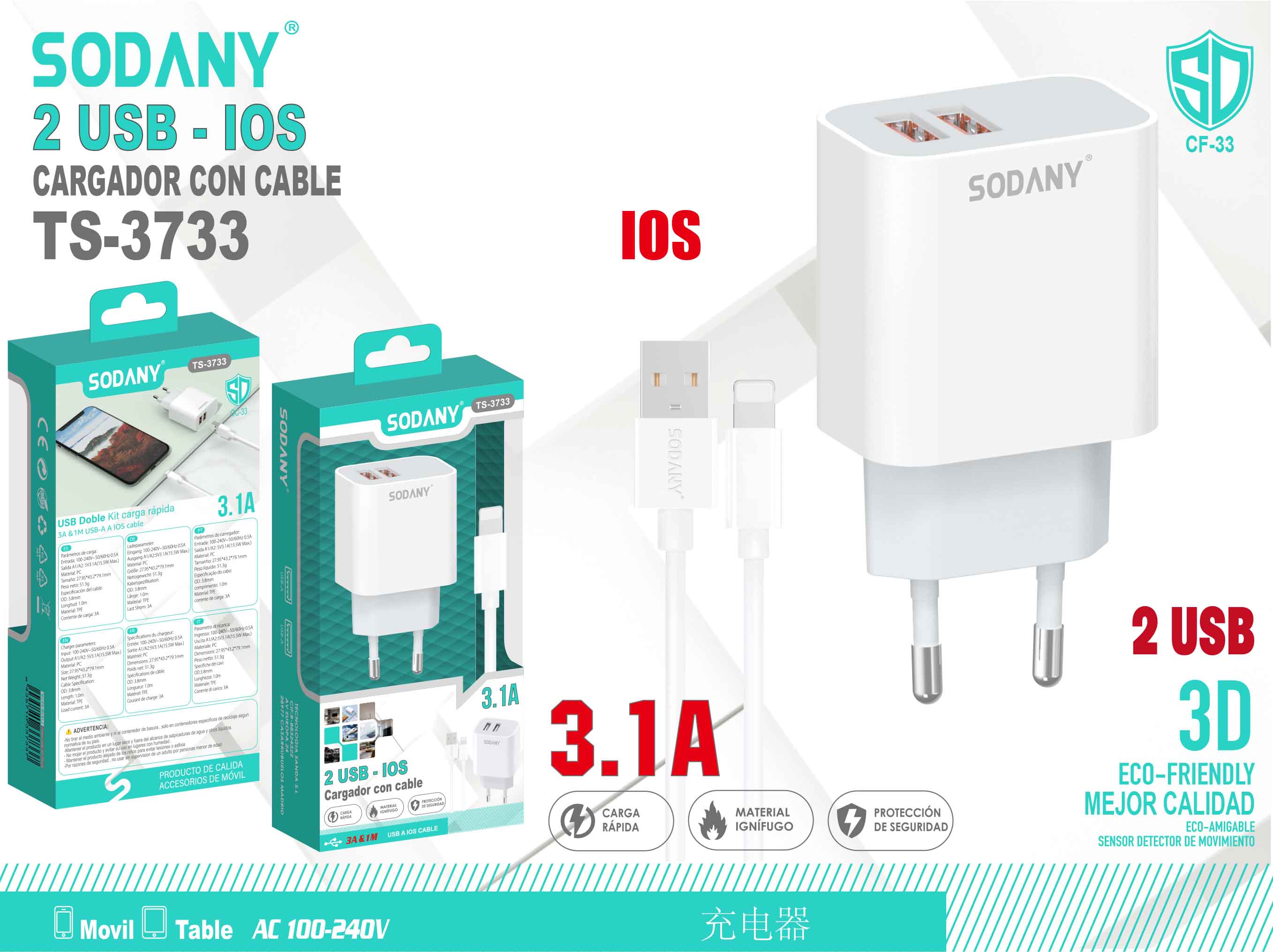 Cargador Dual USB para iOS con Cable de 3.1A