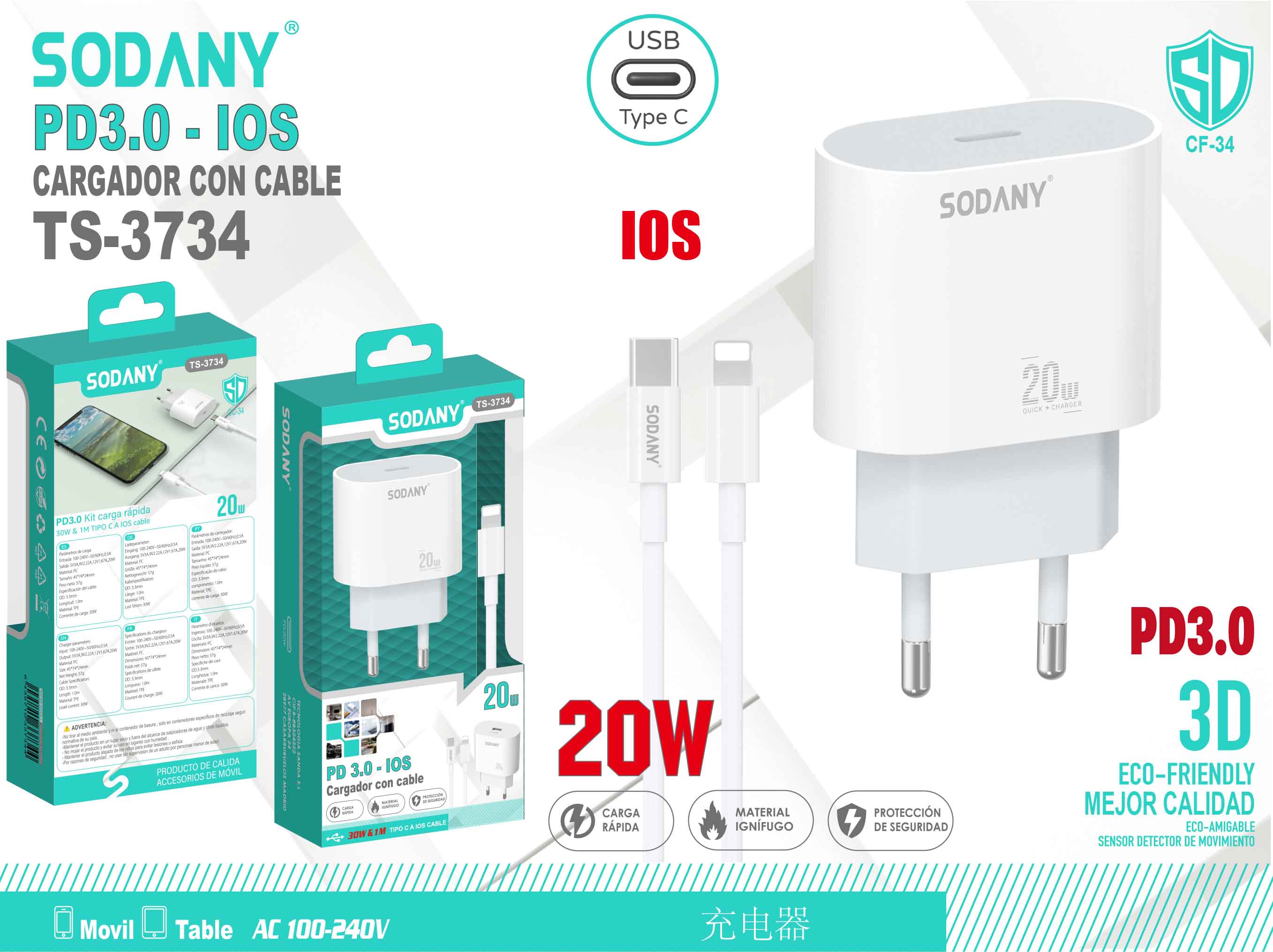 Cargador PD3.0 para iOS con Cable de 20W