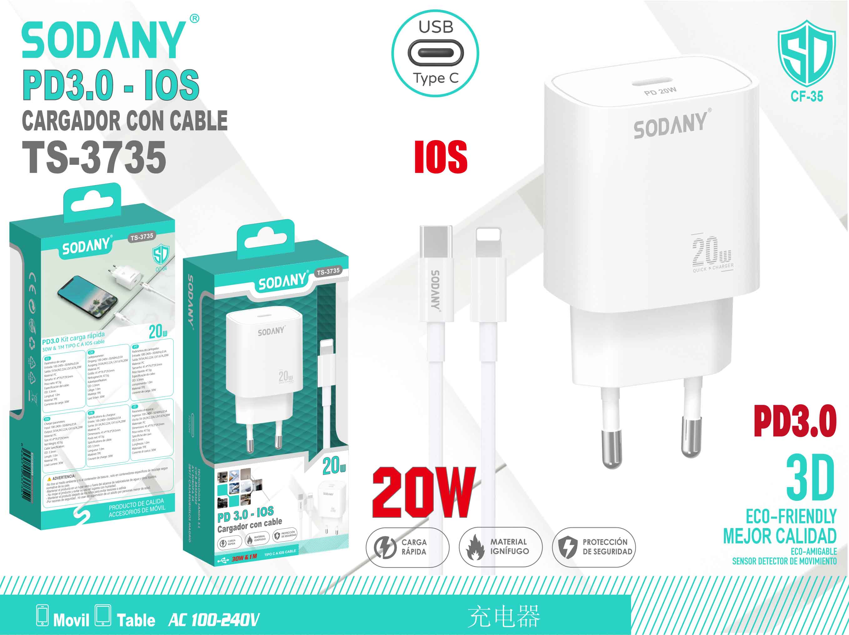 Cargador PD3.0 para iOS con Cable de 20W