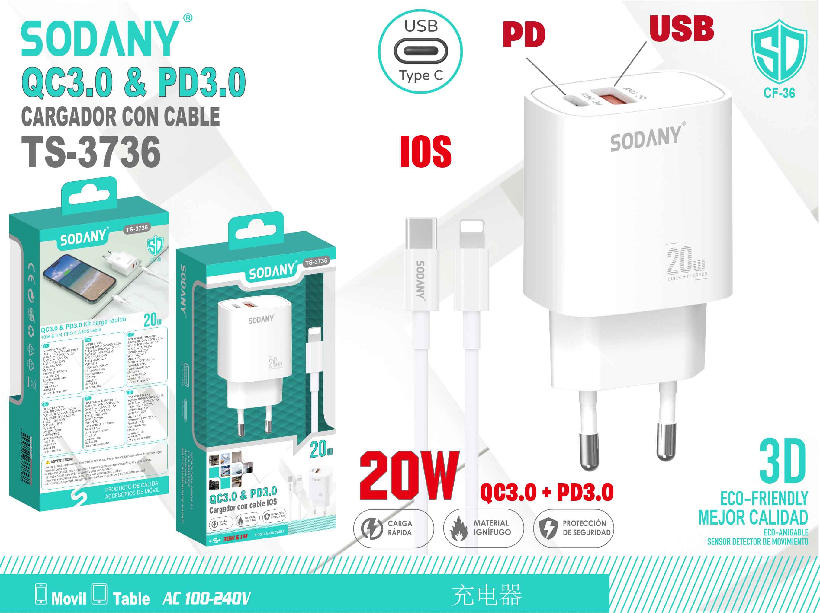 Cargador QC3.0 y PD3.0 para iOS con Cable de 20W