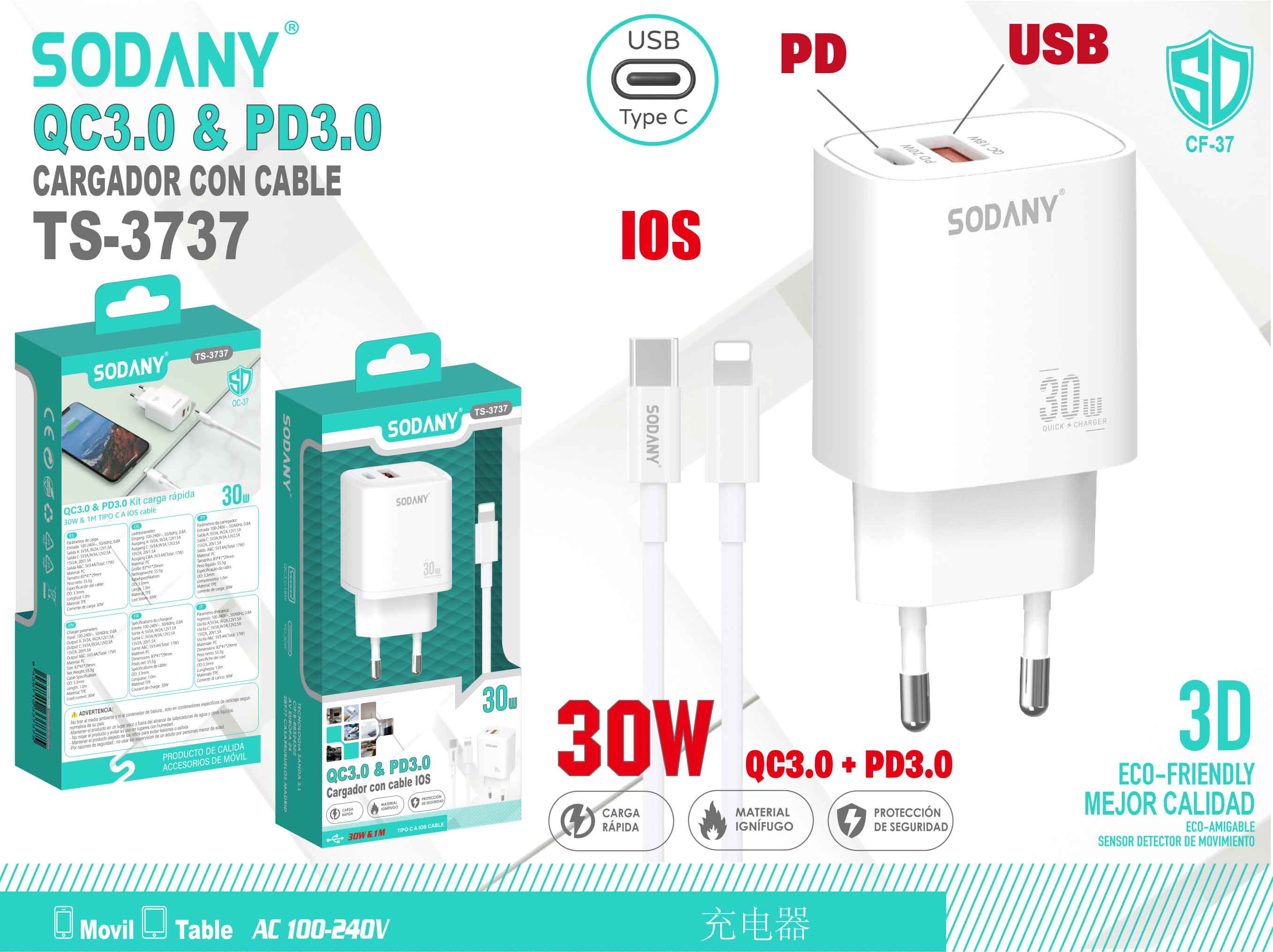 Cargador QC3.0 y PD3.0 para iOS con Cable de 30W