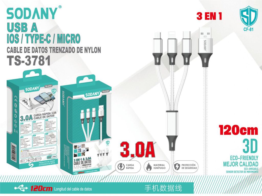 SODANY Cable de Datos Trenzado de Nylon 3 en 1 TS-3781