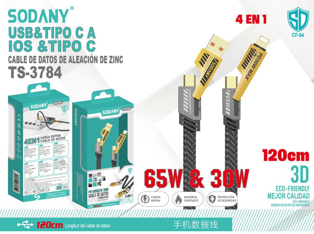 SODANY Cable de Datos de Aleación de Zinc 4 en 1 TS-3784