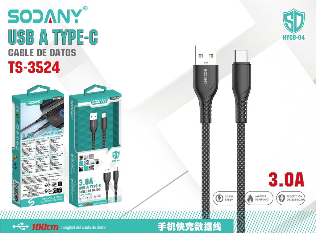 SODANY Cable de Datos USB A a Type-C 3.0A 100cm TS-3524