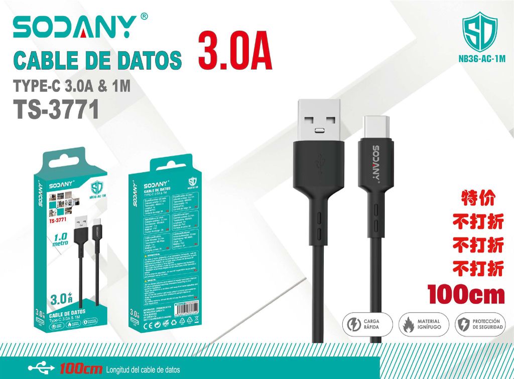 SODANY Cable de Datos USB A a Type-C 3.0A 100cm TS-3771