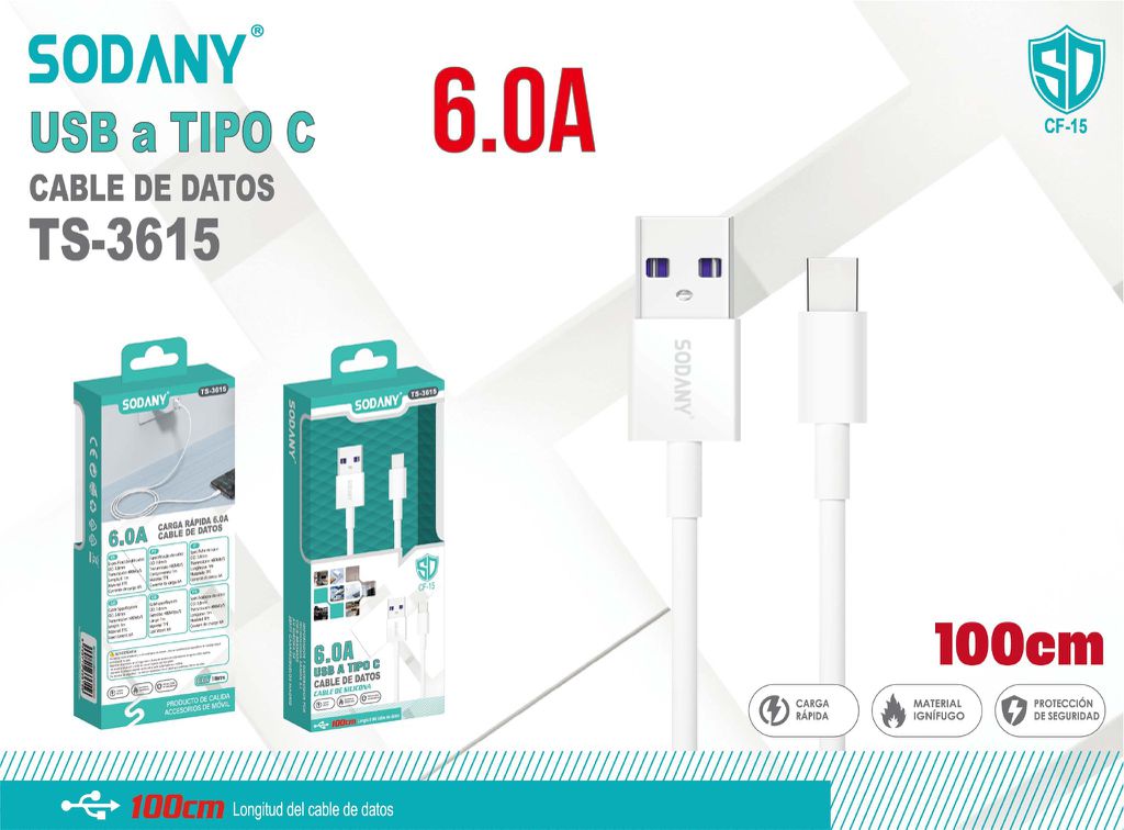 SODANY Cable de Datos USB A a Tipo C 6.0A 100cm TS-3615