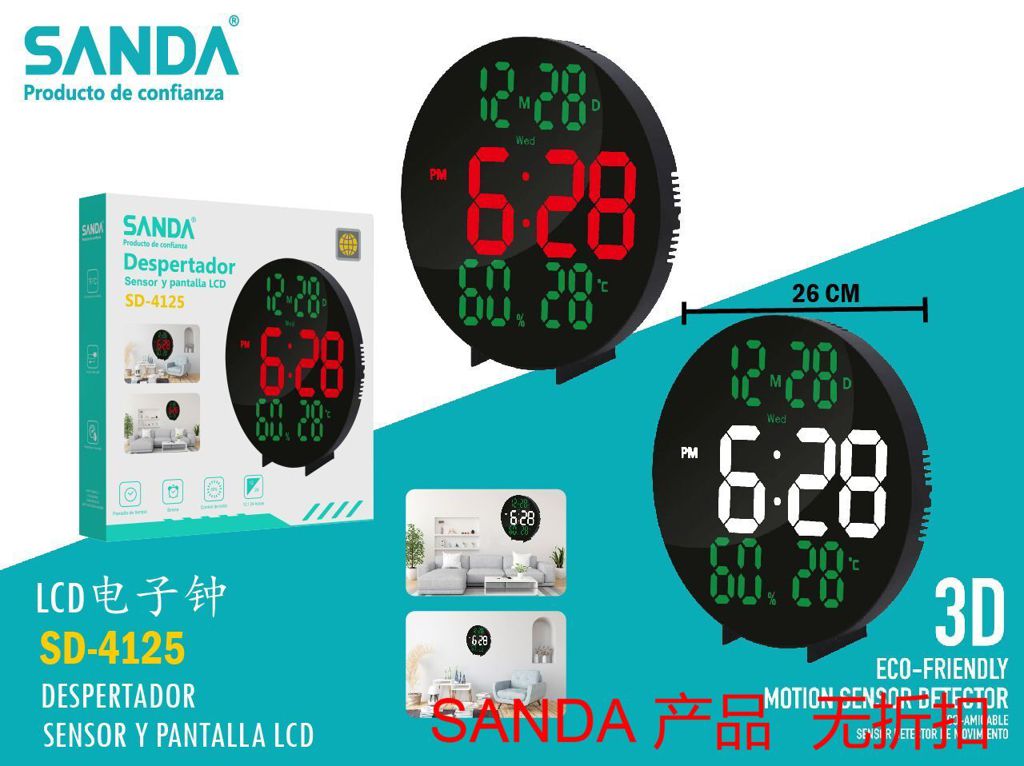 SANDA Reloj de Pared Digital 3D LCD con Sensor de Movimiento Temperatura y Humedad 26cm SD-4125
