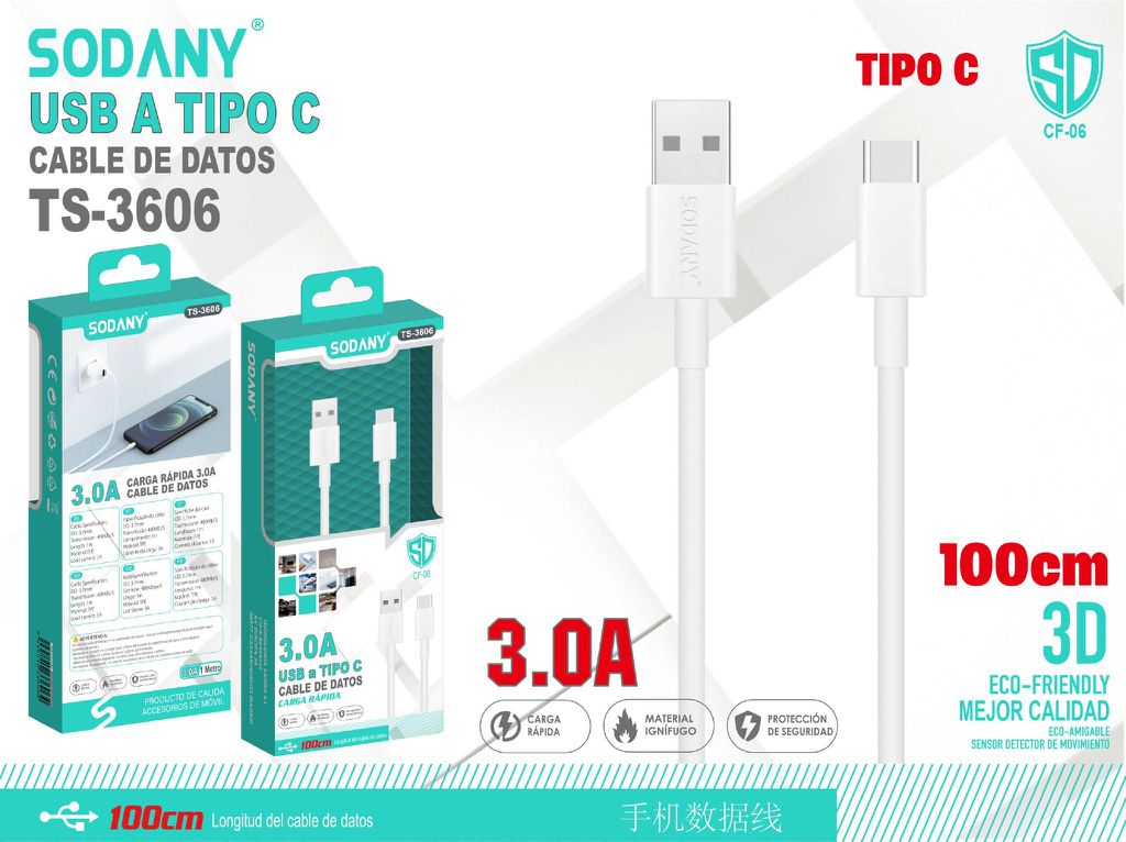 SODANY Cable de Datos USB A a Tipo C 3.0A 100cm TS-3606