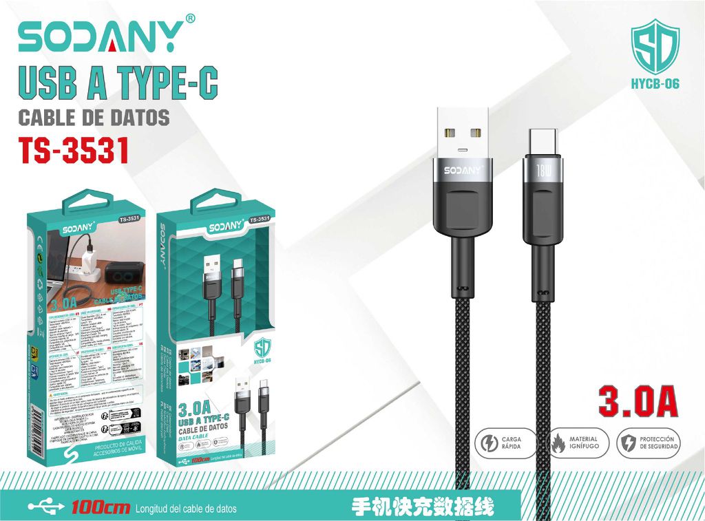 SODANY Cable de Datos USB A a Type-C 3.0A 18W 100cm TS-3531